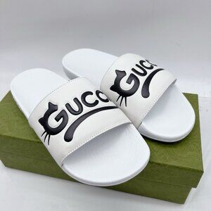 Gucci Pursuit White Cat Kitty Leather Pool Slide Sandals Womens EU 39 US 9